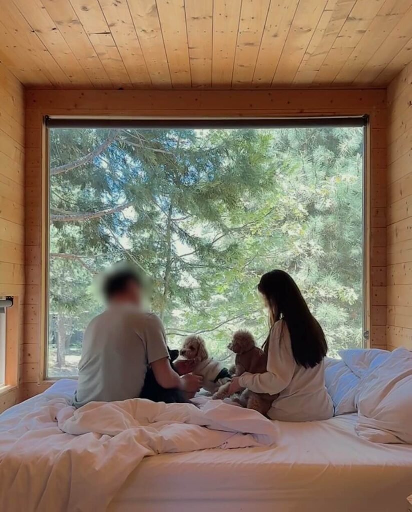 Emily and her husband sitting on a bed with their two dogs, looking out a large window at the forest, from the Routines and Roads About page