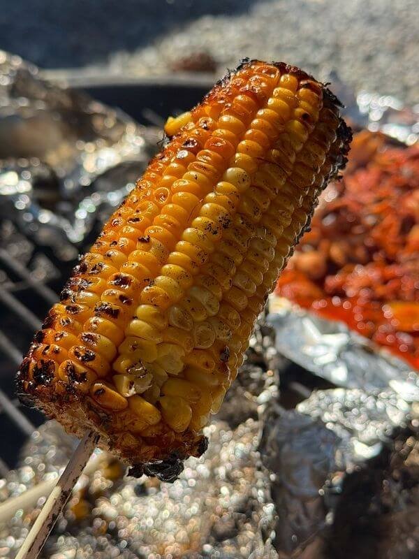 Golden buttered sweet corn on a skewer roasted over campfire coals at Getaway House