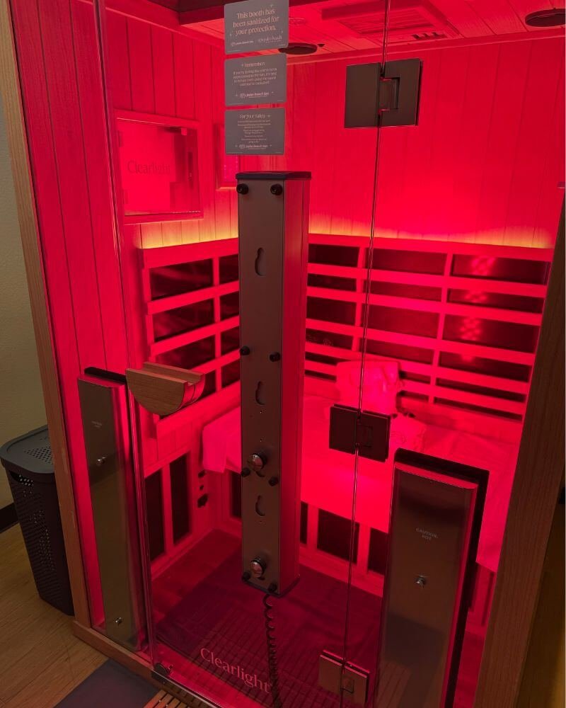 Clearlight logo on red light infrared sauna booth door