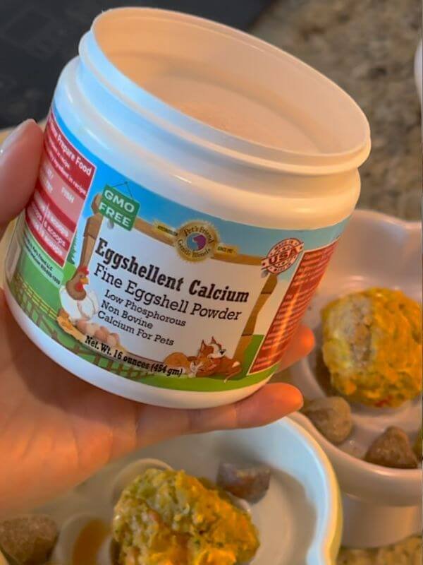 Pet's Friend Eggshellent Calcium fine eggshell powder container for balancing homemade dog food