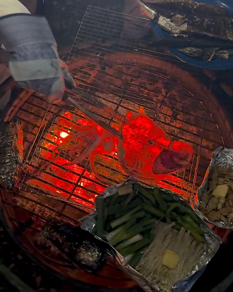 Grilling over open campfire embers on the fire pit grate at Getaway cabin