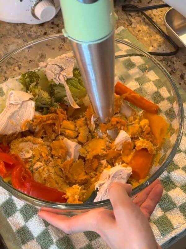 Using an immersion blender to pulse chop cooked chicken and steamed vegetables in a glass bowl