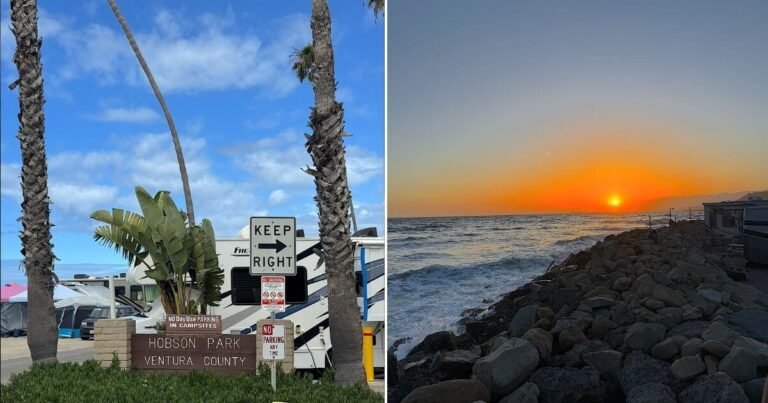 Hobson Beach Campground entrance sign and oceanfront sunset view in Ventura County
