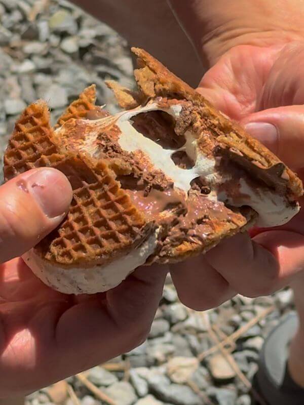 Gooey melted waffle s'more treat by the campfire at Getaway House