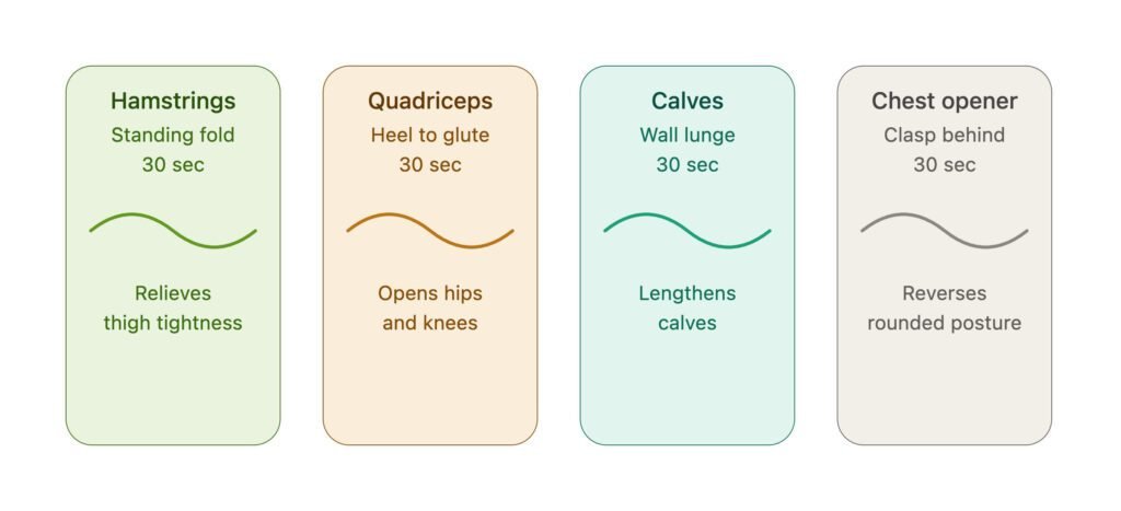 Stationary Bike Zone 2 Workout for Beginners (30-Minute Guide) 4 post-indoor-cycling recovery stretches for hamstrings quadriceps calves and chest