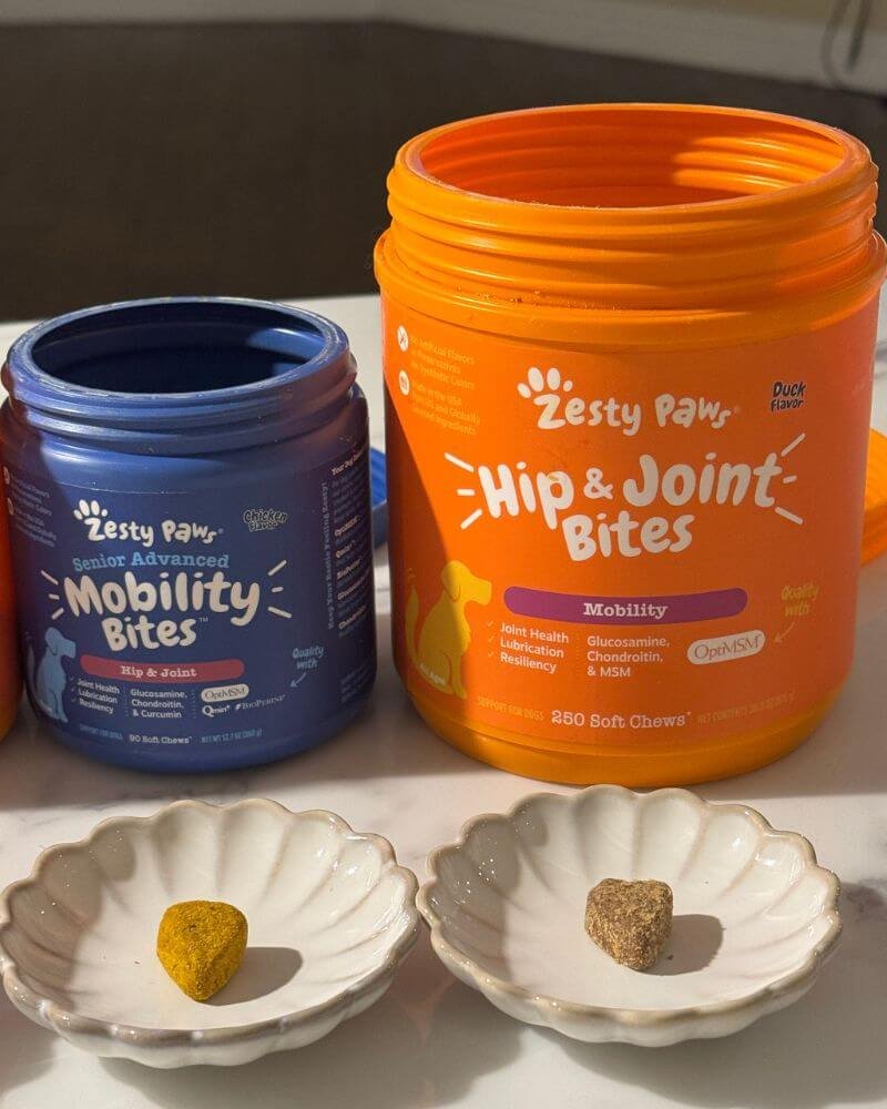 Zesty Paws Senior Advanced Mobility chew next to Hip and Joint Bites for comparison
