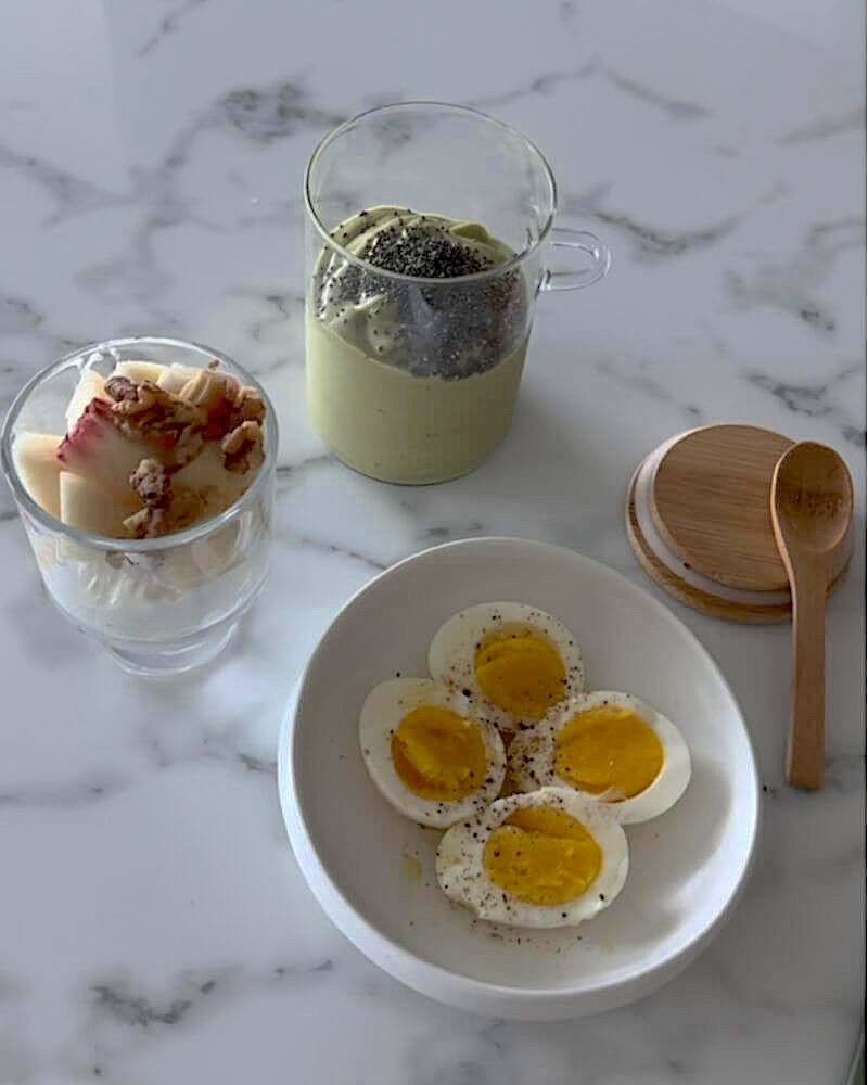 My Wellness Morning Routine: From Exhausted to Energized Simple healthy breakfast with eggs, yogurt, and green smoothie