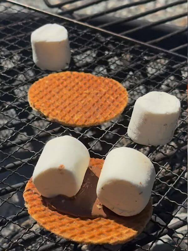 Toasting marshmallows and waffle cookies on the campfire grate for s'mores