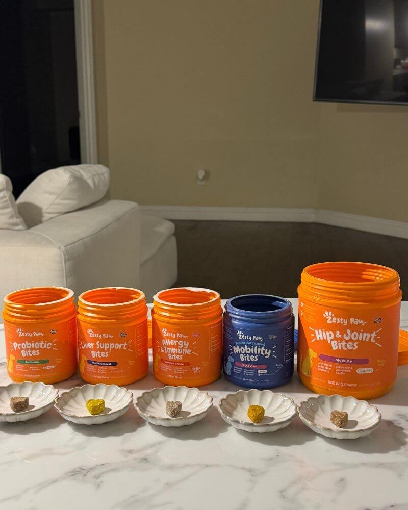 Zesty Paws soft chew supplements portioned into small dishes for three dogs