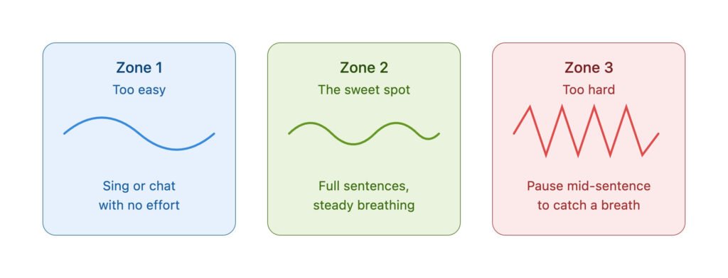 Stationary Bike Zone 2 Workout for Beginners (30-Minute Guide) Zone 1 vs Zone 2 vs Zone 3 breathing and talk test comparison chart