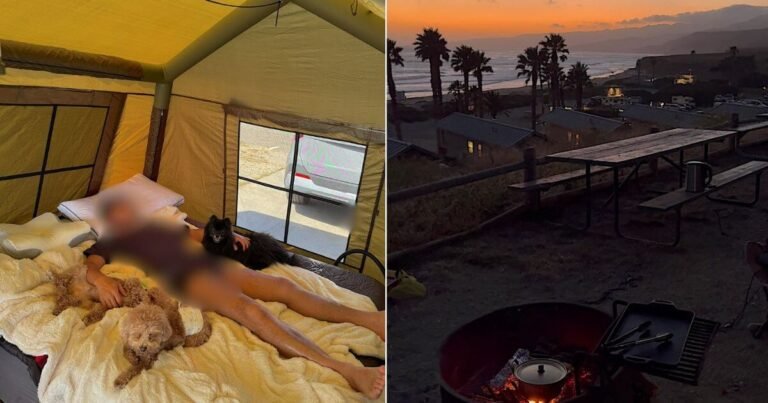 Split view of cozy tent rest with dogs and an evening campfire overlooking the ocean at Jalama Beach