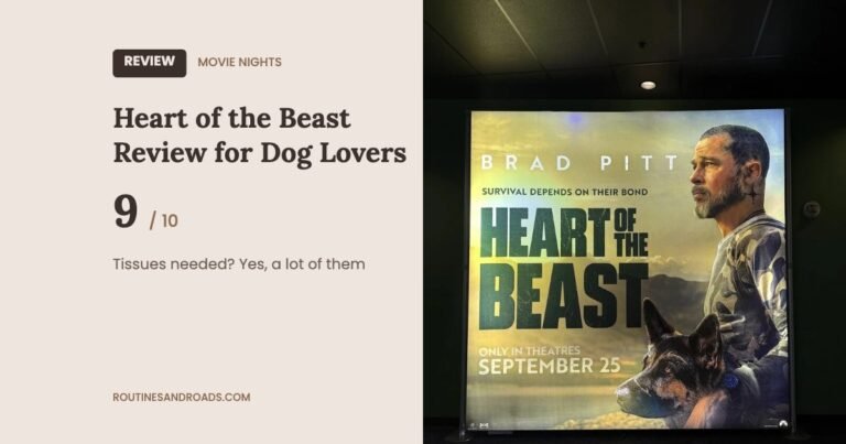 Heart of the Beast review for dog lovers card with a 9 out of 10 score next to the movie poster in a theater lobby