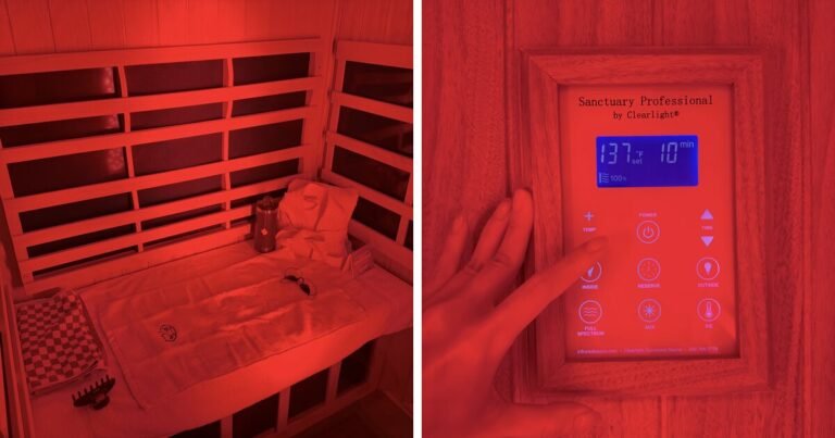 A red lit sauna booth next to the control panel reading 137 degrees, the two things behind how long in a red light sauna works for me