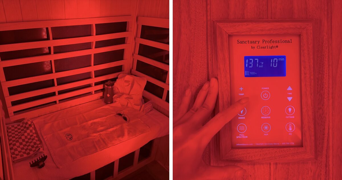 A red lit sauna booth next to the control panel reading 137 degrees, the two things behind how long in a red light sauna works for me
