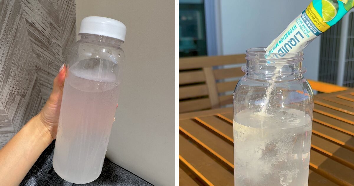 A bottle of electrolyte water next to a stick pack being poured into ice water, the setup behind how much water to drink after sauna