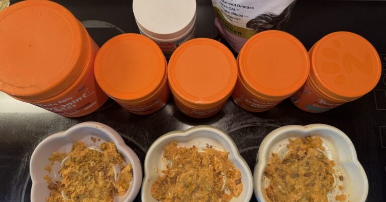 how to give supplements to multiple dogs, supplement tubs lined up behind three bowls of dog food