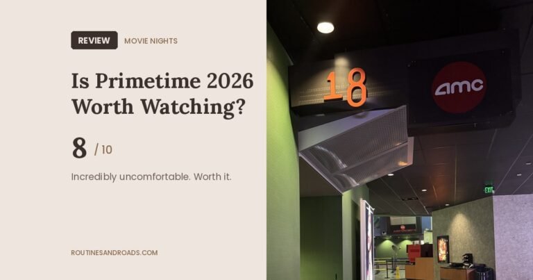 Is Primetime 2026 worth watching review card with an 8 out of 10 score next to the AMC auditorium 18 sign