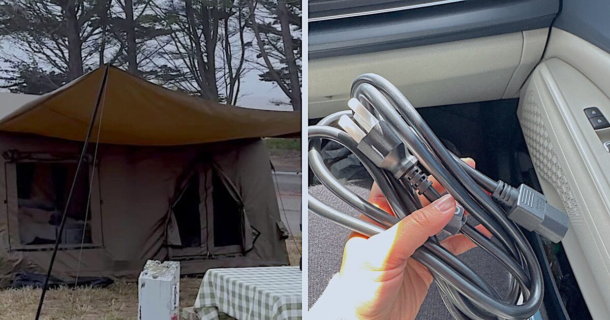 Tent camping with dogs at a campsite with no hookups, next to a portable power station charging