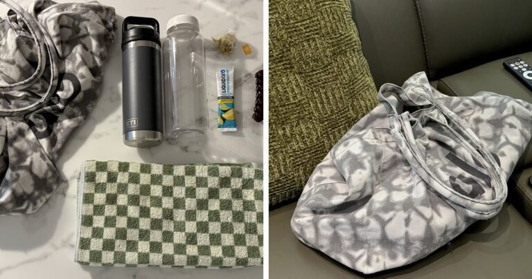 A flat lay of everything I pack next to the packed bag itself, showing what to bring to an infrared sauna session