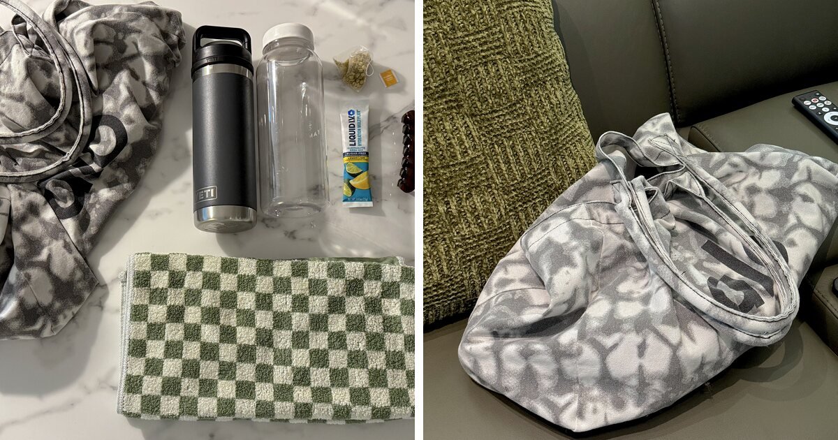 A flat lay of everything I pack next to the packed bag itself, showing what to bring to an infrared sauna session