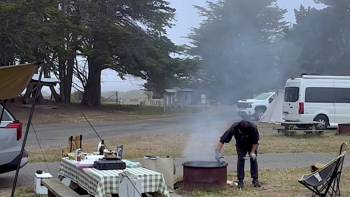 Westside Regional Park Camping With Dogs: What We Wish We'd Known Fog over a campsite at Westside Regional Park in Bodega Bay with RVs and a cypress windbreak behind it