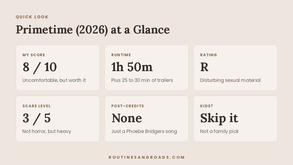 Primetime 2026 quick look card: 8 out of 10, 1 hour 50 minutes, rated R, scare level 3 out of 5