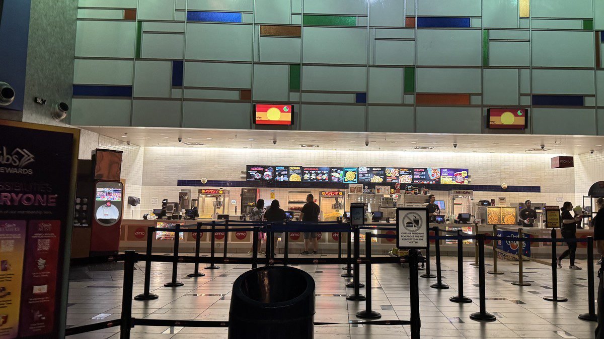 AMC theater lobby and concession stand on a quiet Sunday night
