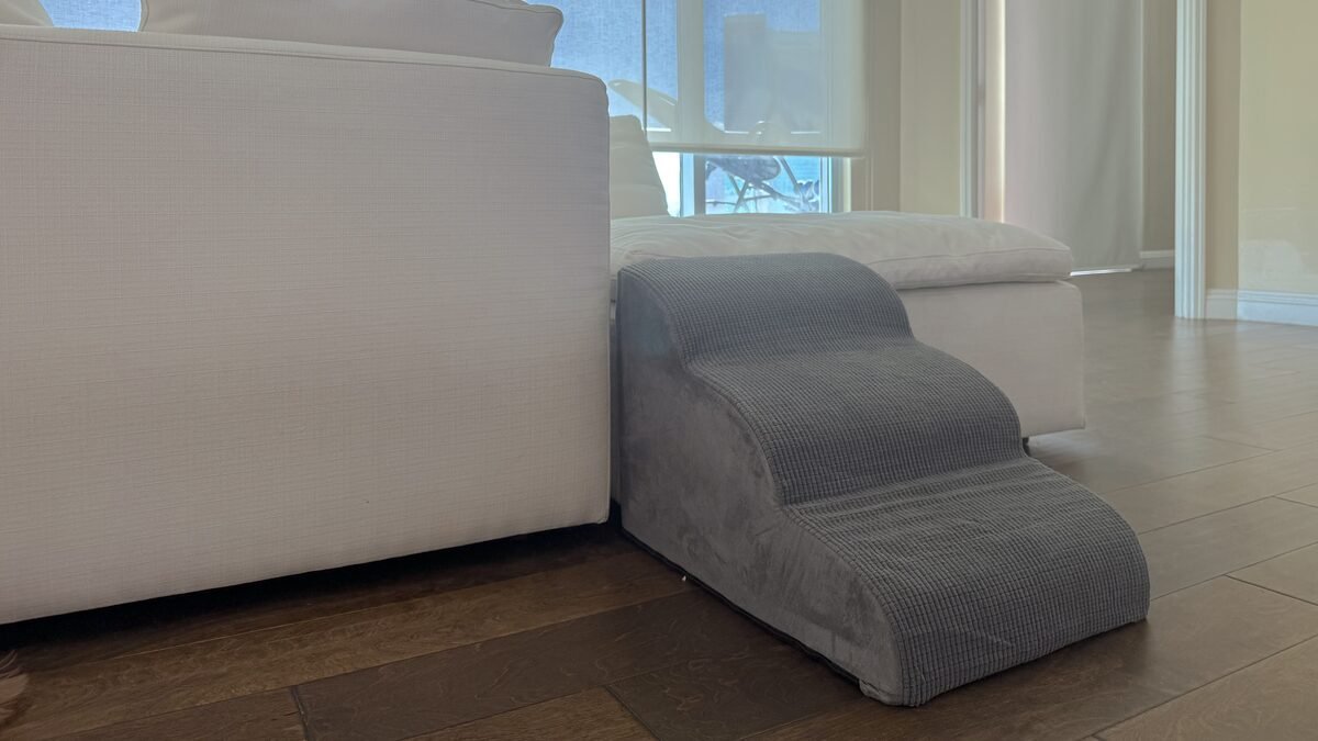 grey three step foam dog stairs pushed against the side of a couch