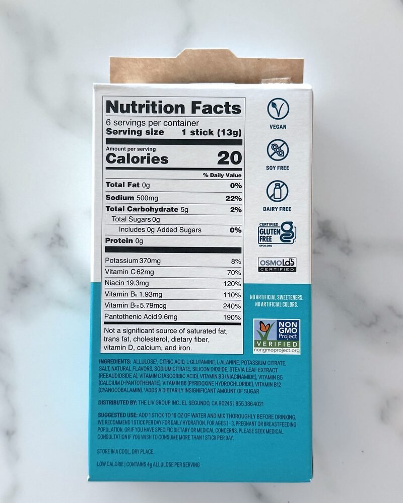 The nutrition panel on the electrolyte box showing 500 mg of sodium, 370 mg of potassium and zero grams of sugar per stick