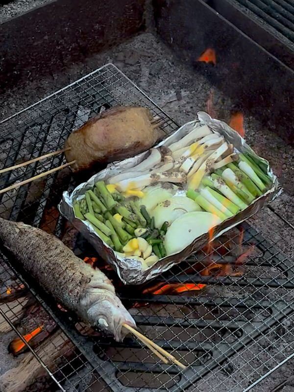 Whole fish skewer and fresh green vegetables grilling over open campfire fire pit