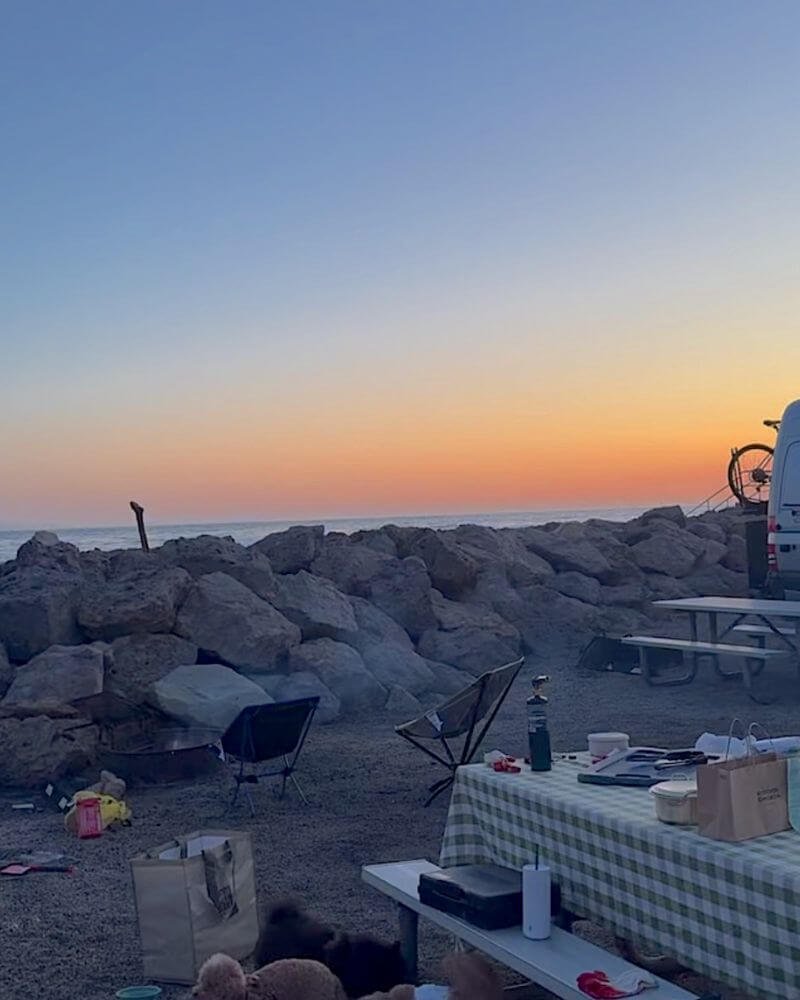 Oceanfront campsite setup with three dogs relaxing near the Pacific Ocean at Hobson Beach Southern California