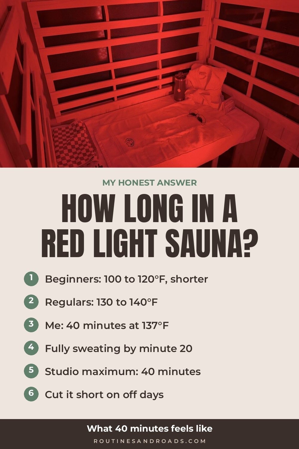 An empty infrared sauna booth glowing deep red with a folded towel on the bench, with a six point list below