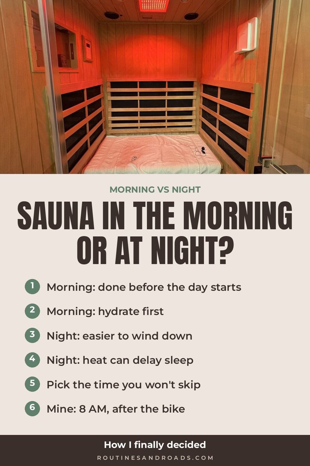 Sauna in the Morning or at Night: Why Mornings Finally Won An empty wooden infrared sauna booth with warm lights on, with a list of morning and night pros and cons below