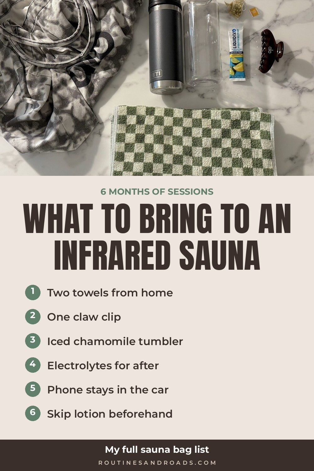 A sauna bag flat lay with a checkered towel, a claw clip, two tumblers and an electrolyte stick on a marble counter, with a six item list below