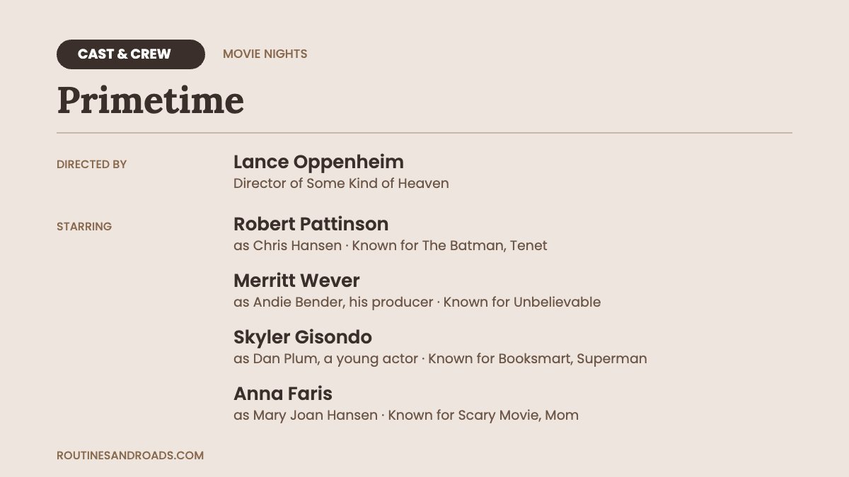 Primetime cast and crew card with the director, main cast, their roles and what they're known for