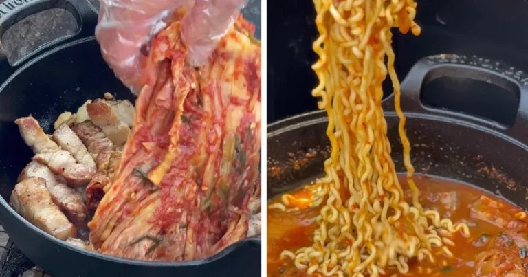 Camping food list featured image: aged kimchi going onto pork belly in a cast iron pot, and ramen from the leftover stew