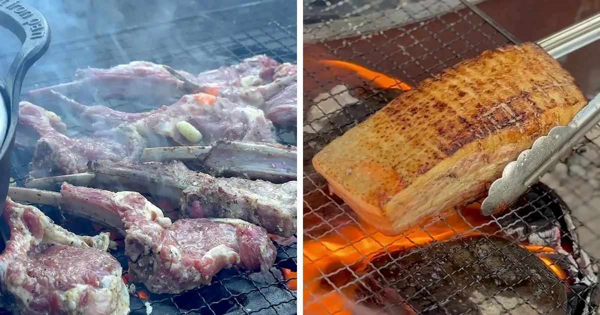 Cooking on a fire pit at camp: lamb chops on a grate over the fire next to a crispy slab of pork belly on a wire rack