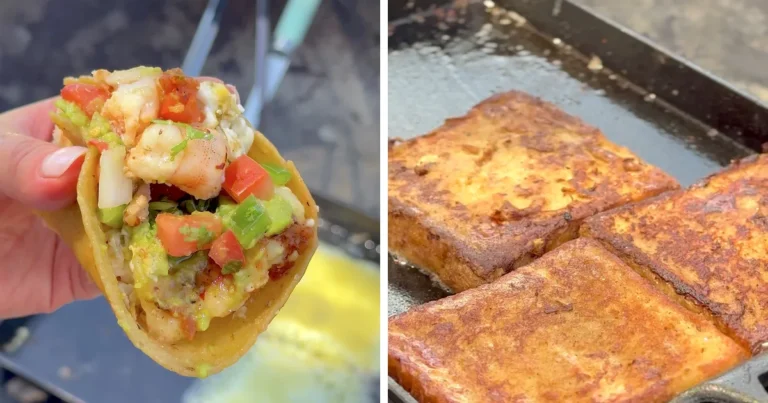 Easy camping breakfast shrimp taco next to French toast cooking on a campfire griddle