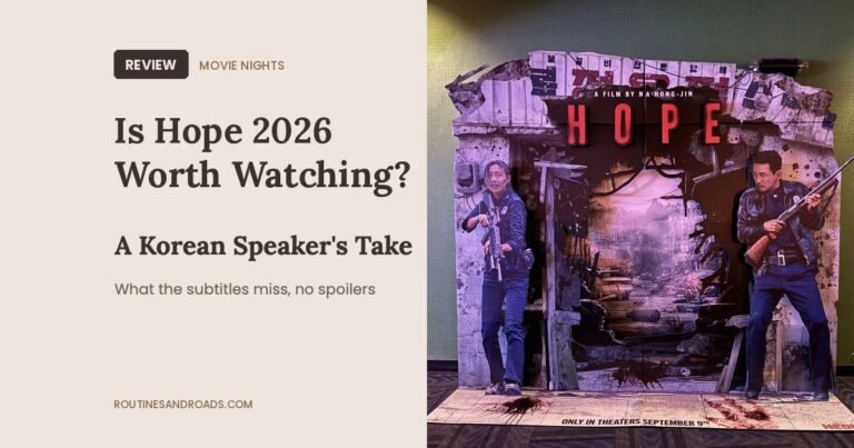 Is Hope 2026 worth watching review card with the Hope theater standee from an AMC lobby