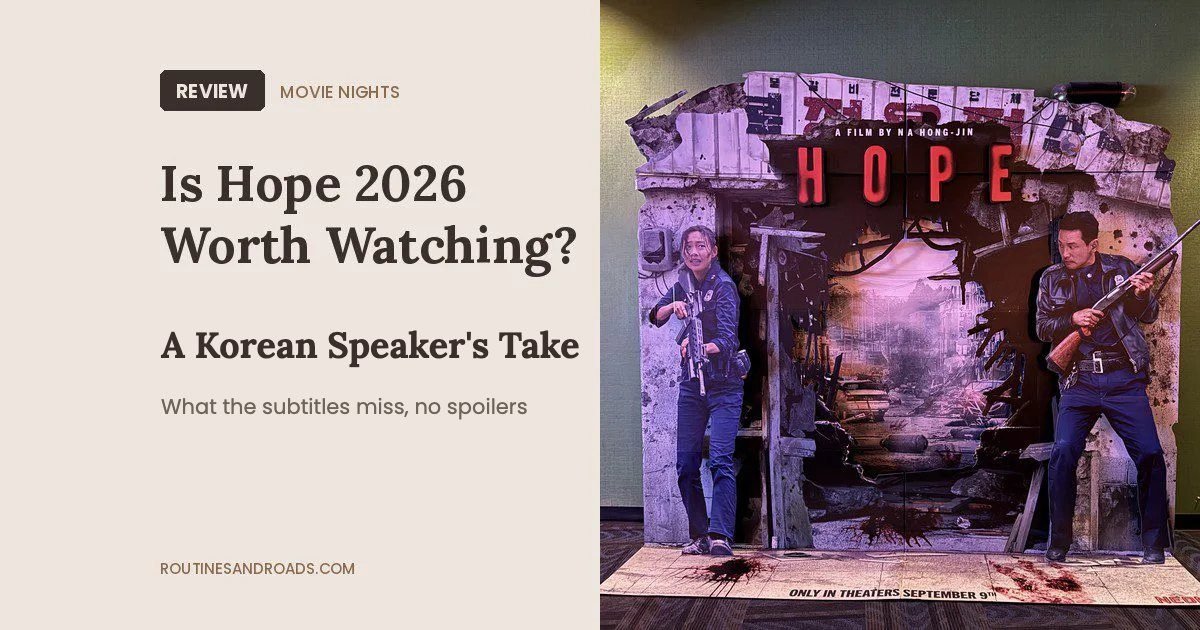 Is Hope 2026 worth watching review card with the Hope theater standee from an AMC lobby