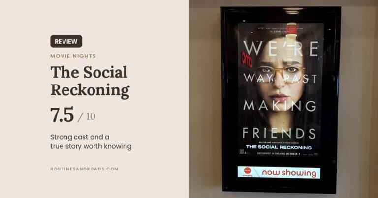 Is The Social Reckoning worth seeing review card with a 7.5 out of 10 score next to the movie poster at AMC