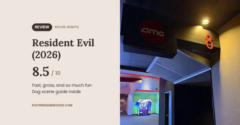Is Resident Evil 2026 worth watching: my 8.5/10 review card next to an AMC auditorium entrance with a red AMC logo
