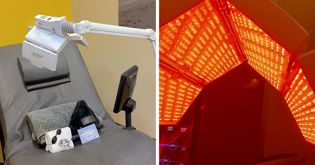LED face panel on a swing arm over a massage bed next to the same panel glowing red