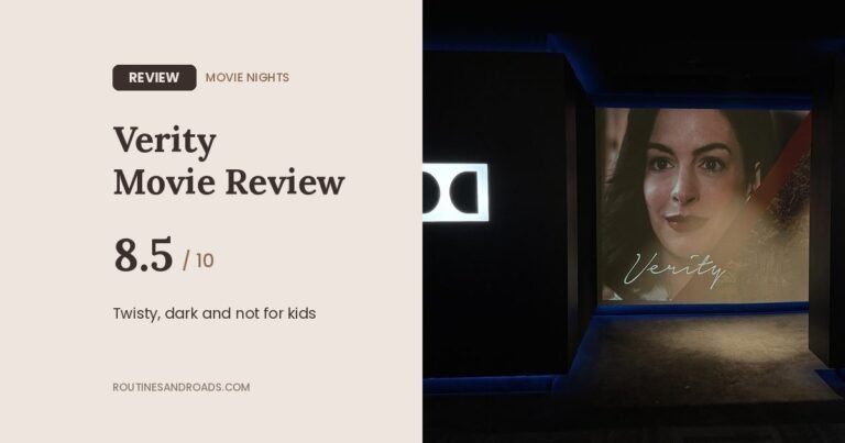 Verity movie review card: 8.5 out of 10, a twisty adult thriller, next to the Dolby Cinema entrance with a Verity display
