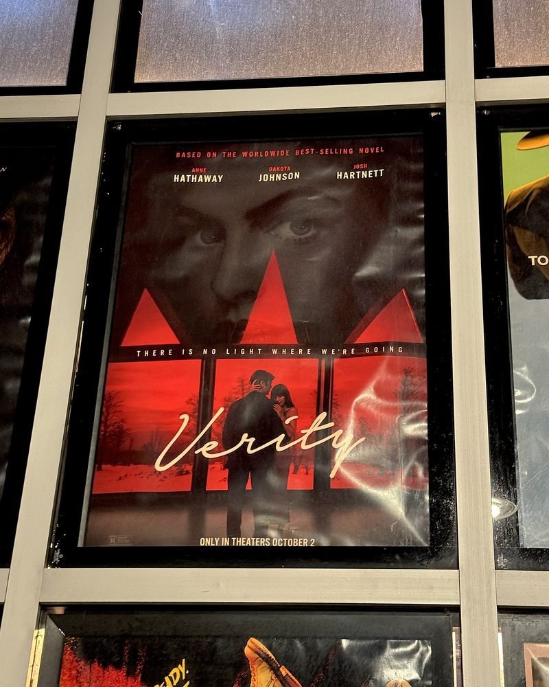 Verity movie review: the Verity poster hanging in the AMC lobby on early access night