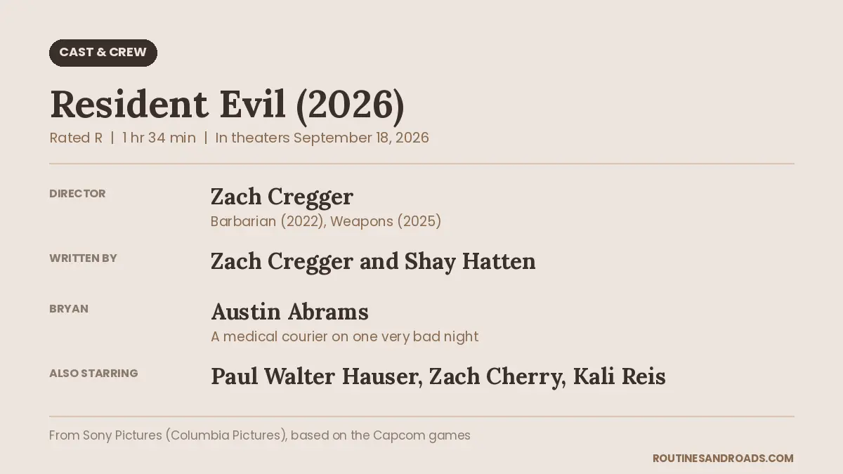 Is Resident Evil 2026 worth watching: a cast and crew card listing director Zach Cregger, writers Zach Cregger and Shay Hatten, and stars Austin Abrams, Paul Walter Hauser, Zach Cherry and Kali Reis