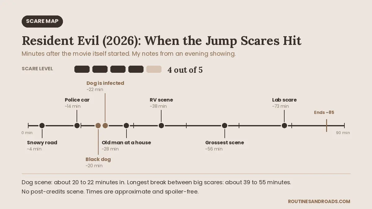 Resident Evil 2026 jump scare timeline showing eight big scares from about 4 to 73 minutes, with the dog scene at about 20 to 22 minutes