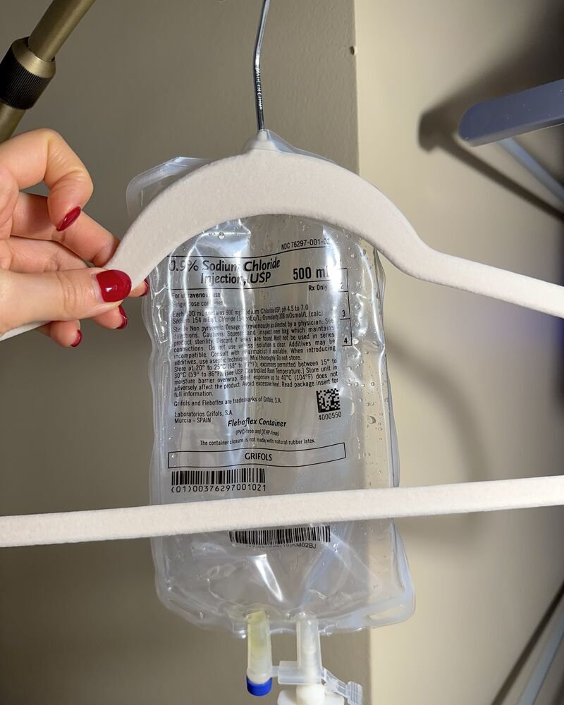 How Long Does an IV Drip Take? My 90-Minute vs 6-Hour Drips An empty IV bag held up on its hanger at 6:59 PM, the end of my six hour drip