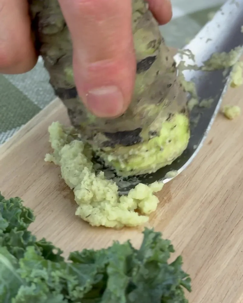 Camping Food List: What We Actually Ate in 3 Nights (Korean Dinners, Drinks, and the Dogs' Food) Fresh wasabi root being grated on a wooden cutting board at camp