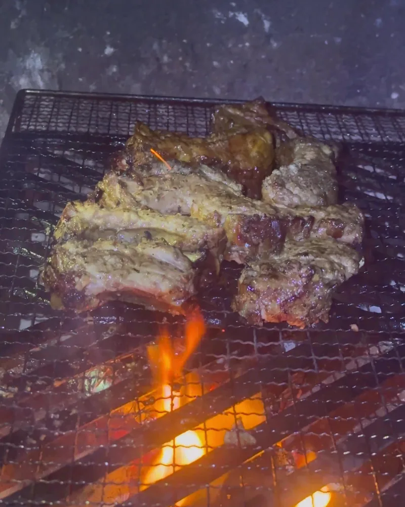 Camping Food List: What We Actually Ate in 3 Nights (Korean Dinners, Drinks, and the Dogs' Food) Pork back ribs seasoned with salt and pepper grilling on a campfire grate at night
